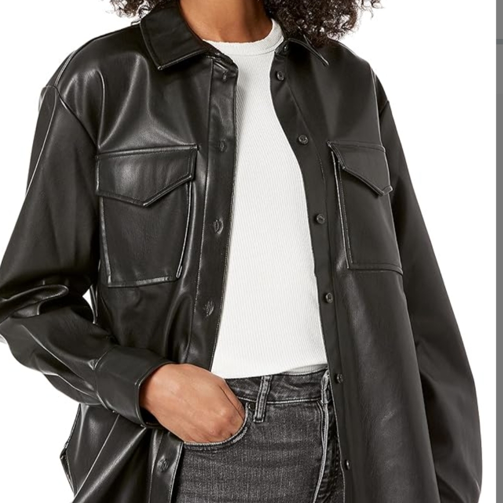 Black Faux Leather Oversized Shirt Jacket for Women